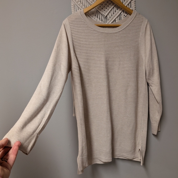 None Sweaters - Cream Ribbed Knit Sweater Tunic Length Split Hem XL